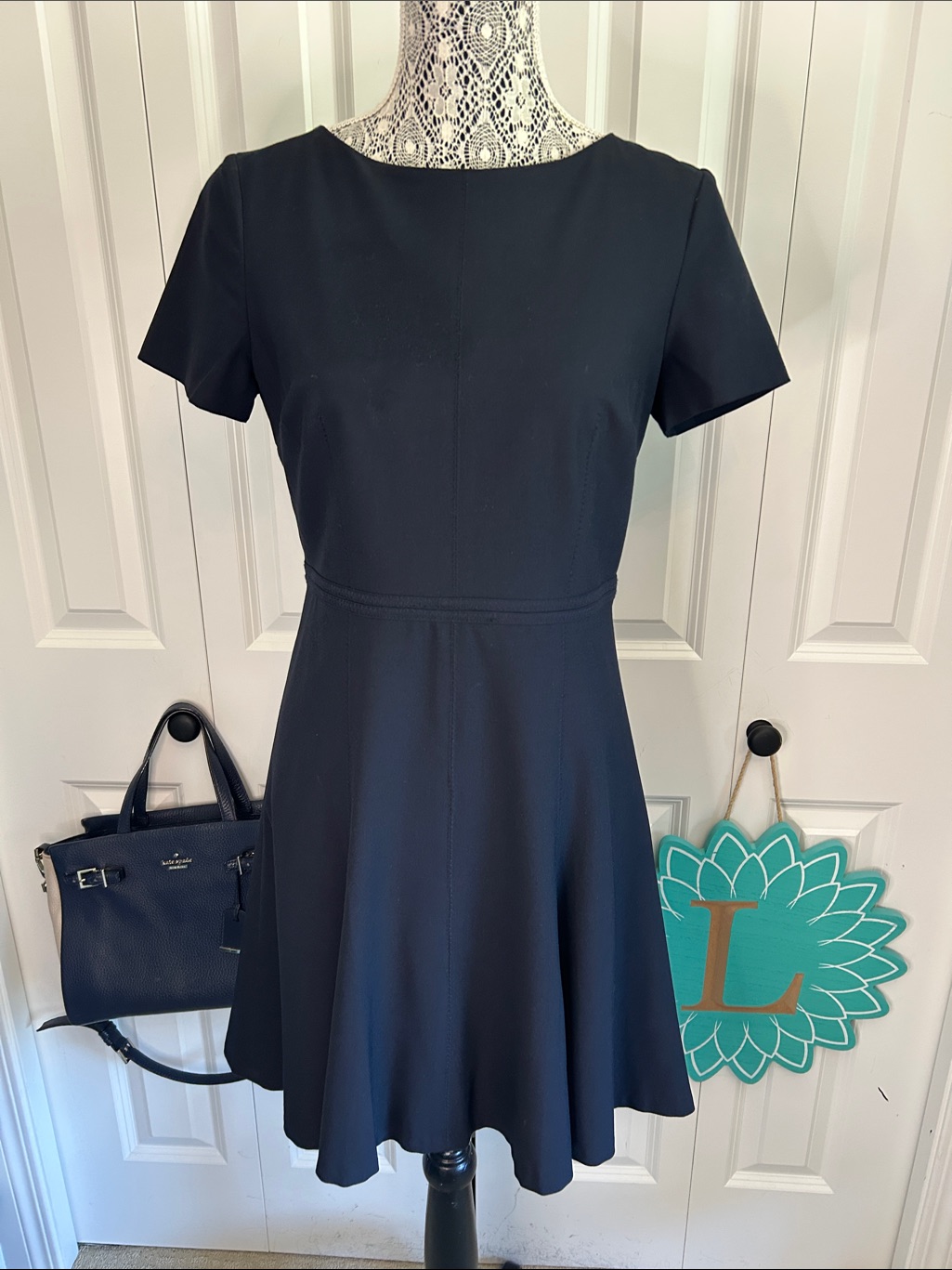 Ann Taylor Classic Short Sleeve Fit & Flare Dress - Navy Blue